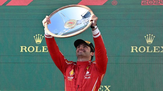 epa11240559 Carlos Sainz of Ferrari celebrates on the podium after winning the Australian Grand Prix 2024 at Albert Park Circuit in Melbourne, Australia 24 March 2024. EPA/JOEL CARRETT AUSTRALIA AND NEW ZEALAND OUT
