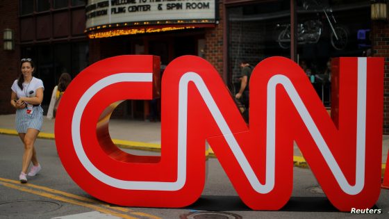 The CNN logo stands outside the venue of the second Democratic 2020 U.S. presidential candidates debate, in the Fox Theater in Detroit, Michigan, U.S., July 30, 2019. REUTERS/Brian Snyder