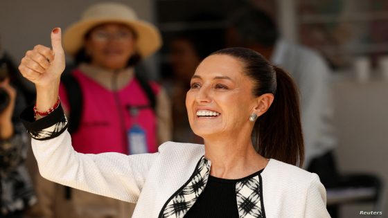 Claudia Sheinbaum, presidential candidate of the ruling MORENA party, gives a thumb up after she voted in the general elections, in Mexico City, Mexico June 2, 2024. REUTERS/Daniel Becerril