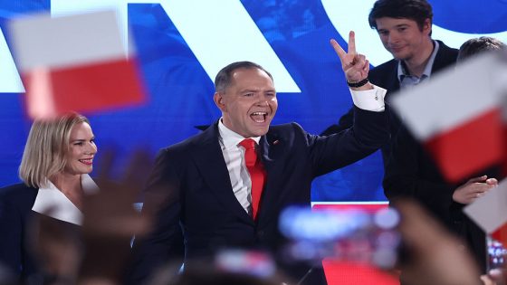 WARSAW, POLAND - JUNE 1: Marta Nawrocka and supported by Law and Justice party candidate for the President of Poland Karol Nawrocki during the election evening of the second round of the Presidential election in Warsaw, Poland on June 1, 2025. (Photo by Jakub Porzycki/Anadolu via Getty Images)