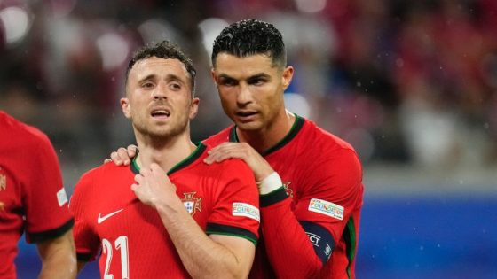 Cristiano Ronaldo centre-forward of Portugal and Al-Nassr FC and Diogo Jota left winger of Portugal and Liverpool FC during the UEFA EURO 2024 group stage match between Portugal and Czechia at Football Stadium Leipzig on June 18, 2024 in Leipzig, Germany. (Photo by Jose Breton/Pics Action/NurPhoto via Getty Images)