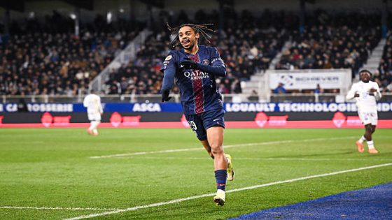 Bradley BARCOLA of Paris Saint-Germain during the Ligue 1 McDonald's match between Auxerre and Paris at Stade Abbe Deschamps on January 23, 2026 in Auxerre, France. (Photo by Anthony Bibard/FEP/Icon Sport via Getty Images)