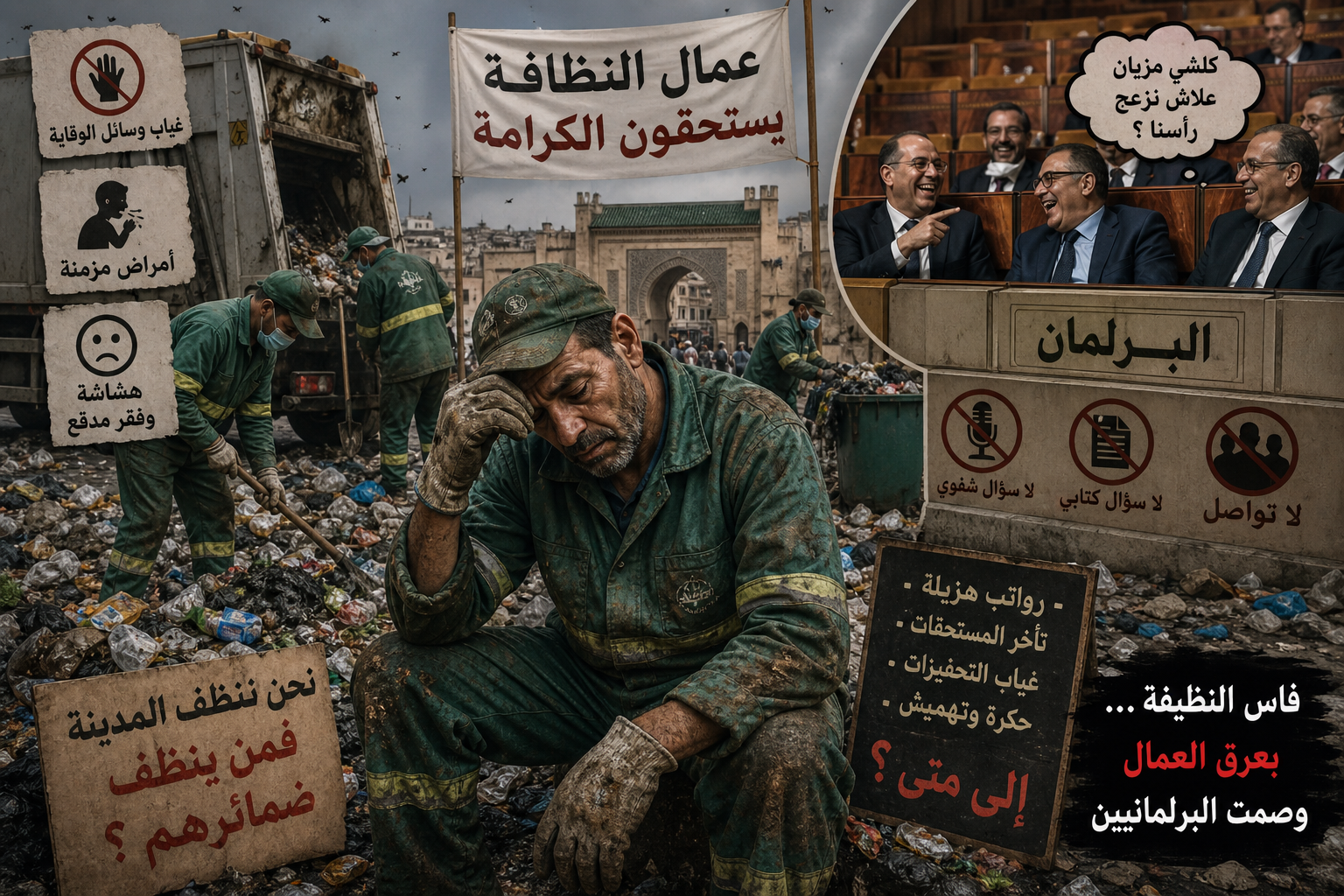 عمال النظافة ففاس مطحونين ومحكورين.. زبل المدينة كياكل صحتهم والبرلمانيين ضاربين الطم