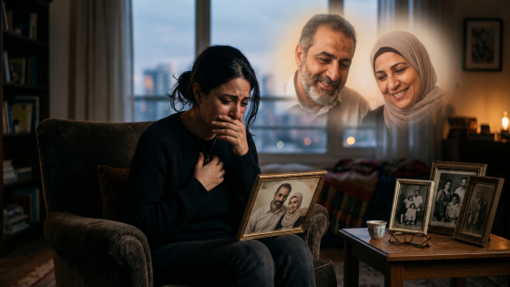 فتاة حزينة تنظر إلى صورة والديها بعد صدمة الموت المفجع وفراق الأم والأب