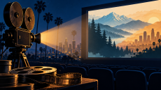 رسم توضيحي لكاميرا وبكرات أفلام وشاشة سينما