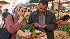 صورة تعبيرية مولدة لزوجين في سوق مغربي يحسبان تكلفة المشتريات