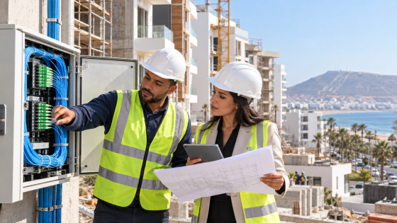 صورة مولدة توضيحية لمهندسين يتفقدان شبكة الألياف البصرية في مشروع سكني بأكادير، ولا توثق الفعالية