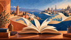 رسم تعبيري لكتاب مفتوح يربط بين فضاءات مغربية وأوروبية