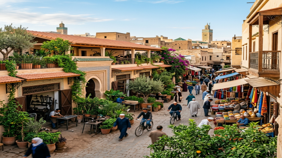 Busy Moroccan market street with shops, cyclists, shoppers, plants, and minarets