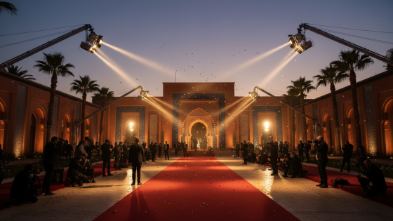 صورة توضيحية مولدة لأجواء مهرجان سينمائي في مراكش، لا توثق ماريون كوتيار أو الحدث نفسه